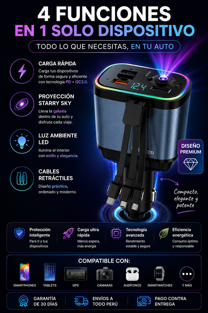 AuraDrive™ - Cargador 4 en 1 con proyección Starry Sky y luz ambiente LED