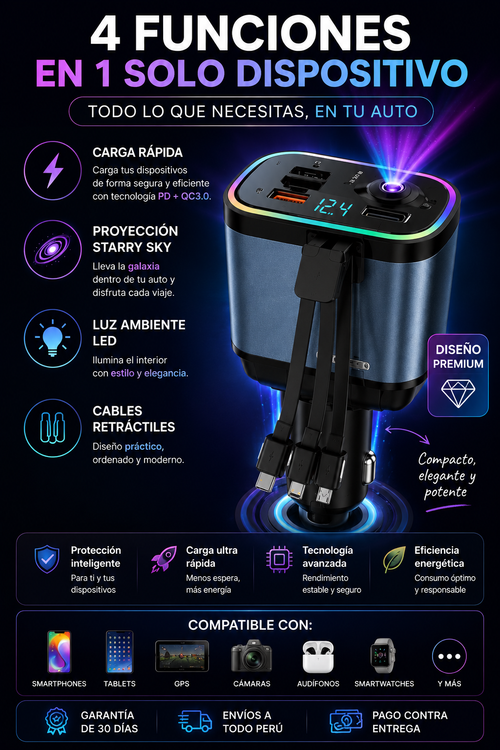AuraDrive™ - Cargador 4 en 1 con proyección Starry Sky y luz ambiente LED