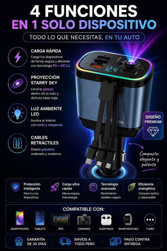 AuraDrive™ - Cargador 4 en 1 con proyección Starry Sky y luz ambiente LED